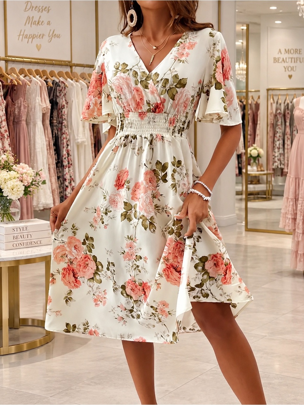 Floral V-Neck Smocked Waist Midi Dress - Cream with Pink Roses NWT SIZE M -SIZE